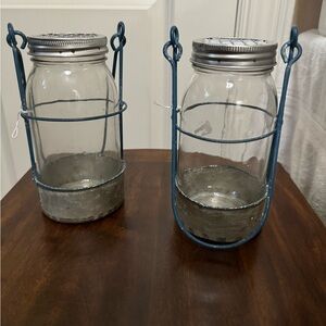 NWOT Two glass jars flower holder with divided lid 7” tall